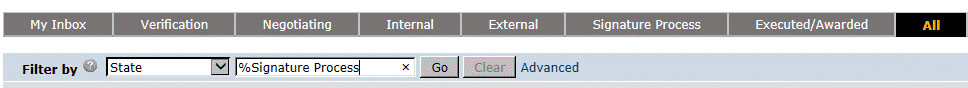 The signature process tab can be found by filtering by state and entering %Signature Process, and then clicking "go".